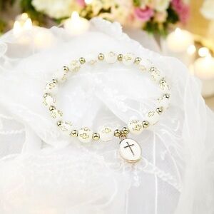 White Stylish Elastic Beaded Cross Charm Bracelet Enamel‎ Oval Cross Bead Accent